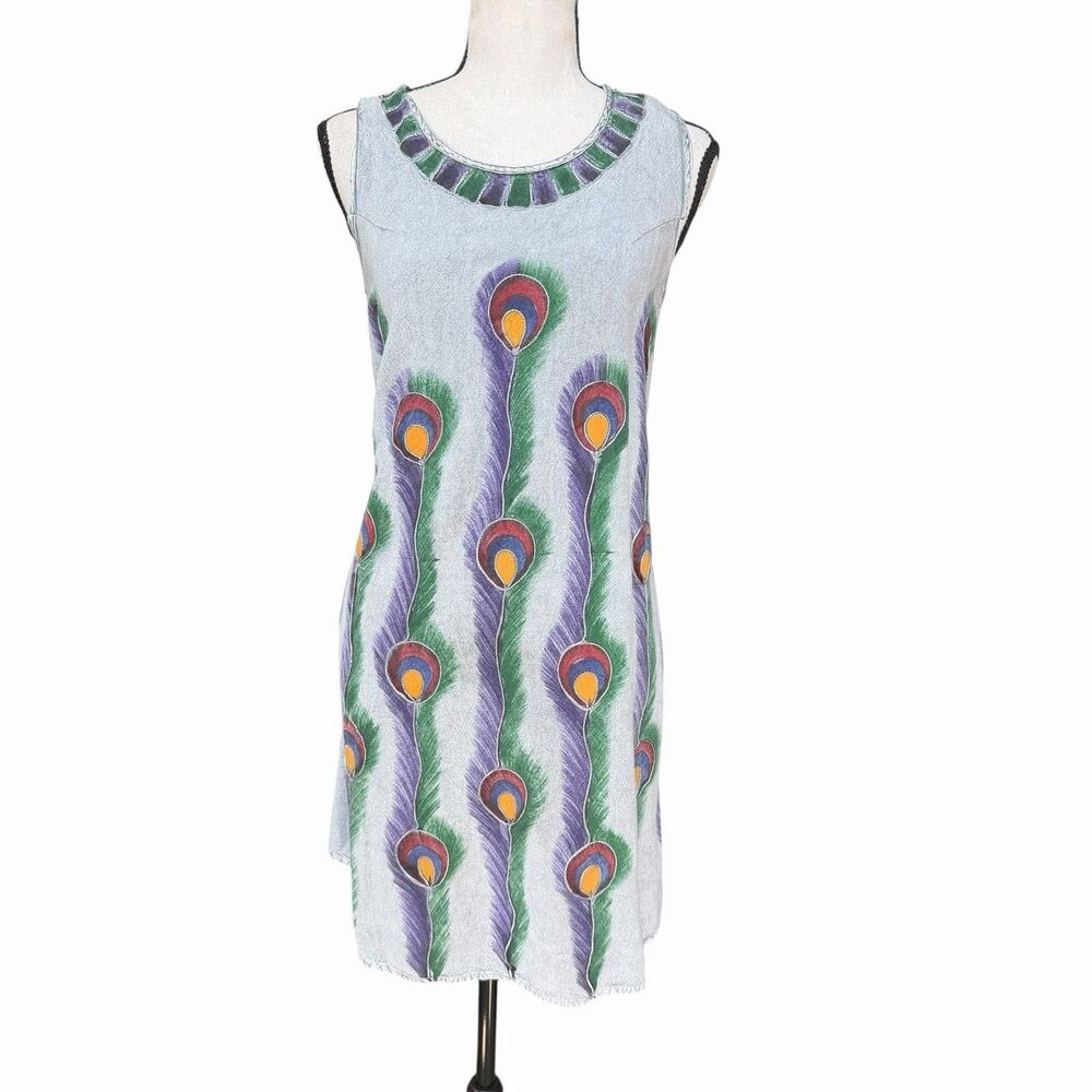 VTG Y2K Magic India Peacock Print Tie Back Cotton Dress Boho Festival S/M
